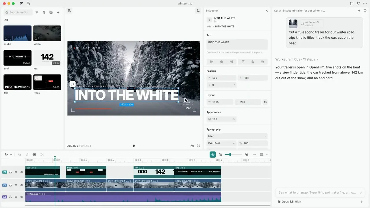 openfilm Studio editing an AI-generated winter road-trip trailer, with the agent chat on the right