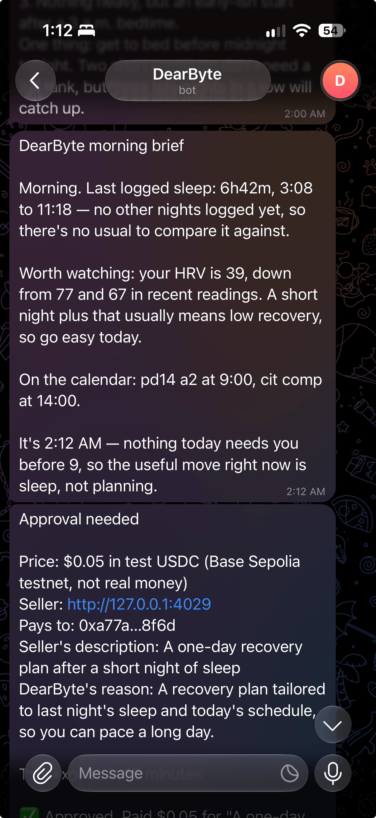 DearByte running in Telegram, showing a contextual morning brief and a testnet purchase approval request