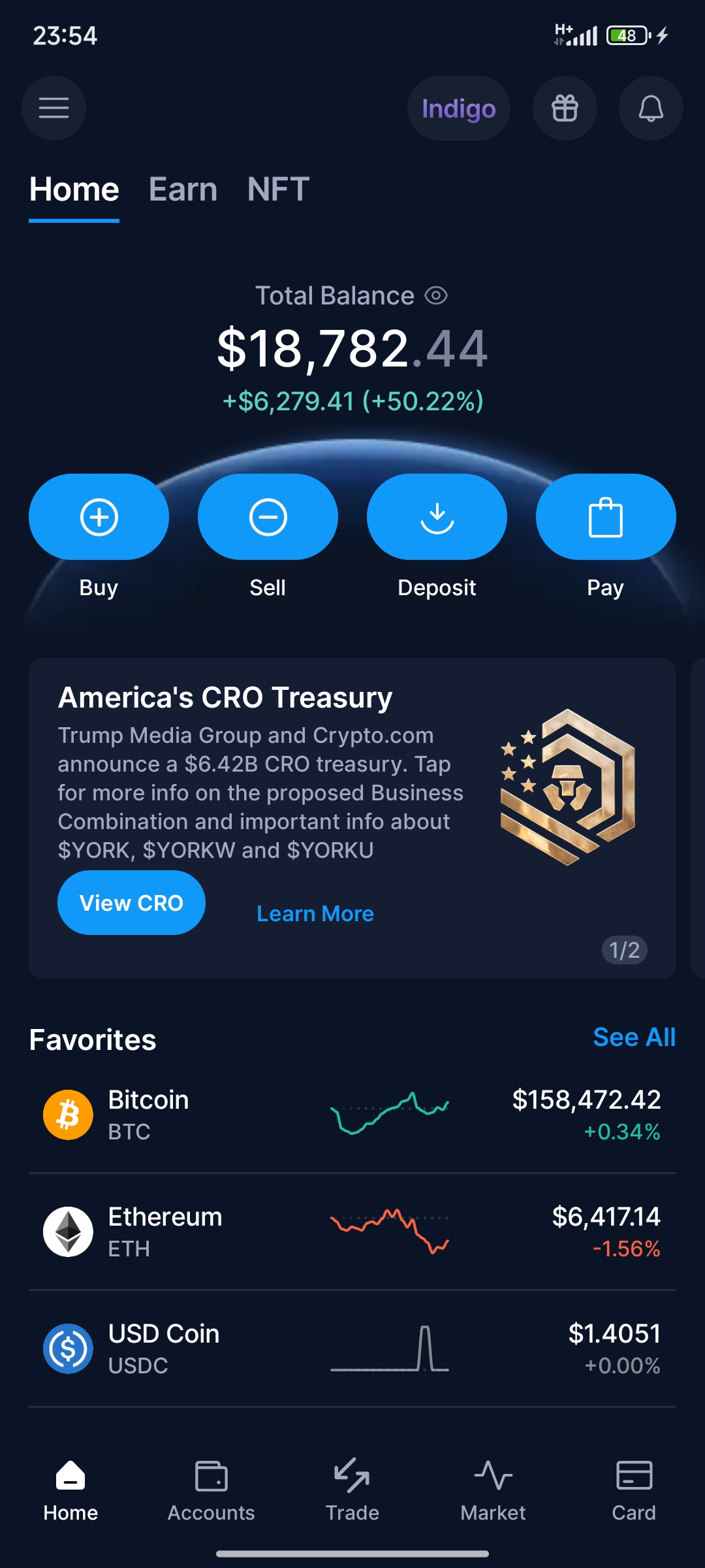 The Crypto.com app that morning: a total balance of $18,782, up 50% in a day