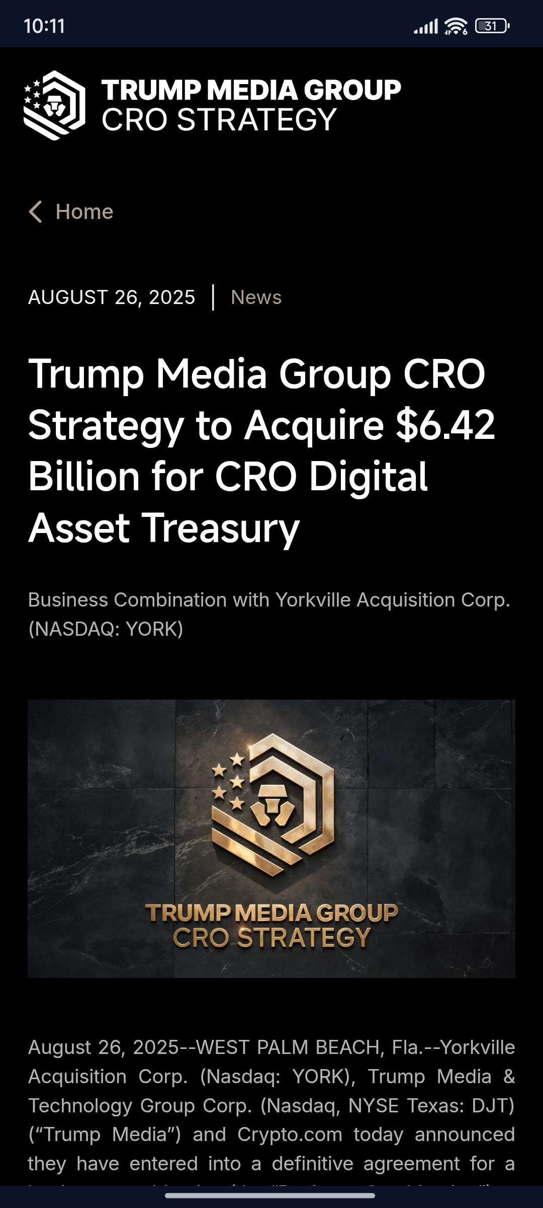 The August 26, 2025 announcement: Trump Media Group CRO Strategy to acquire $6.42 billion for a CRO treasury